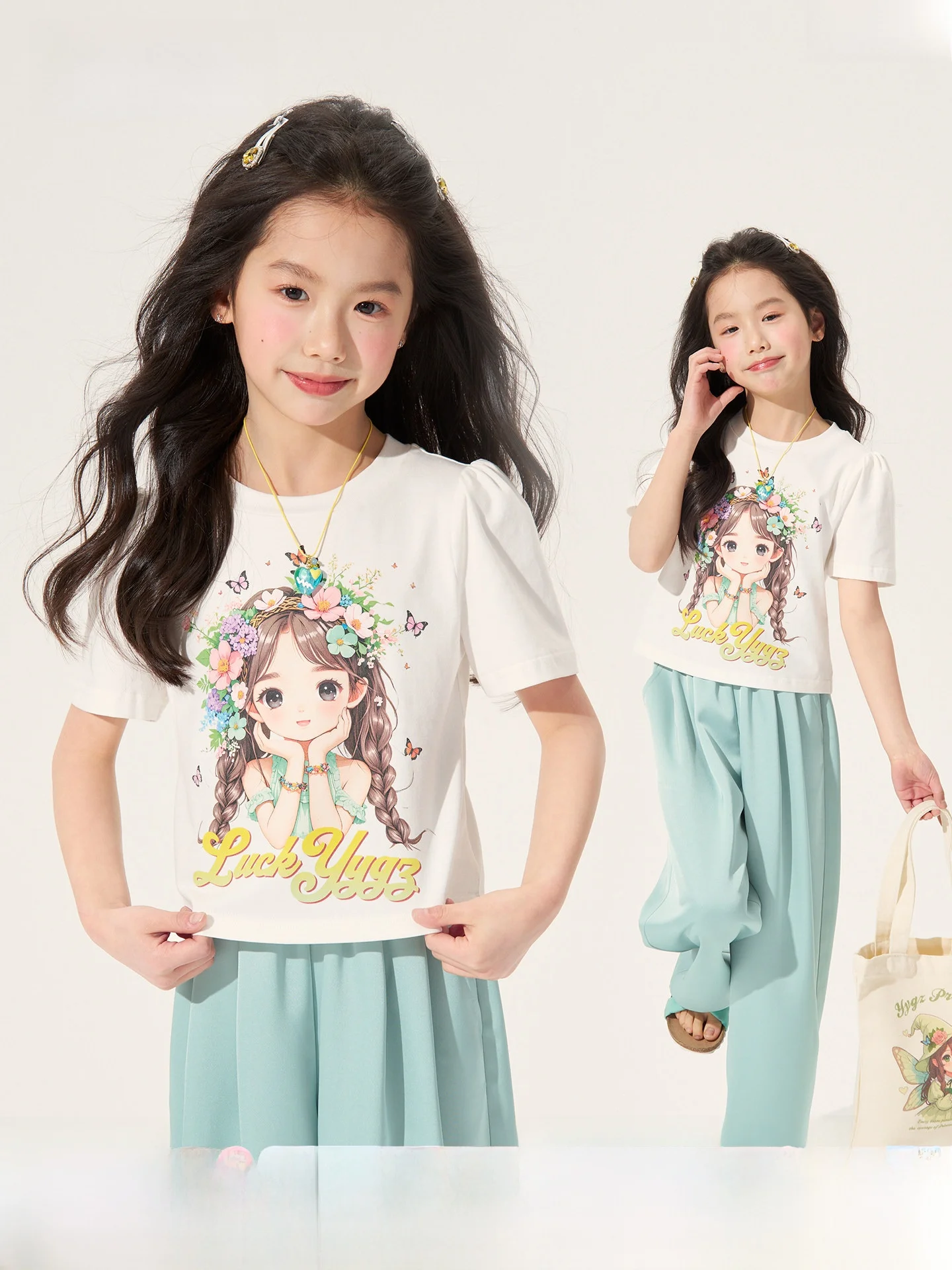 プリンセスユアンティー-ガールズtシャツ-半袖-通気性ベースシャツ-子供用夏服-綿ポリエステル混紡-ラウンドネック