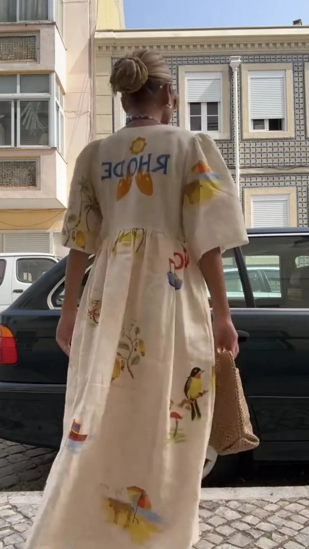 Elegant Printed Dress Women V Neck Puff Sleeve Loose Midi Female Dresses 2024 Summer Holidays Casual Lady Beach A-Line Vestidos