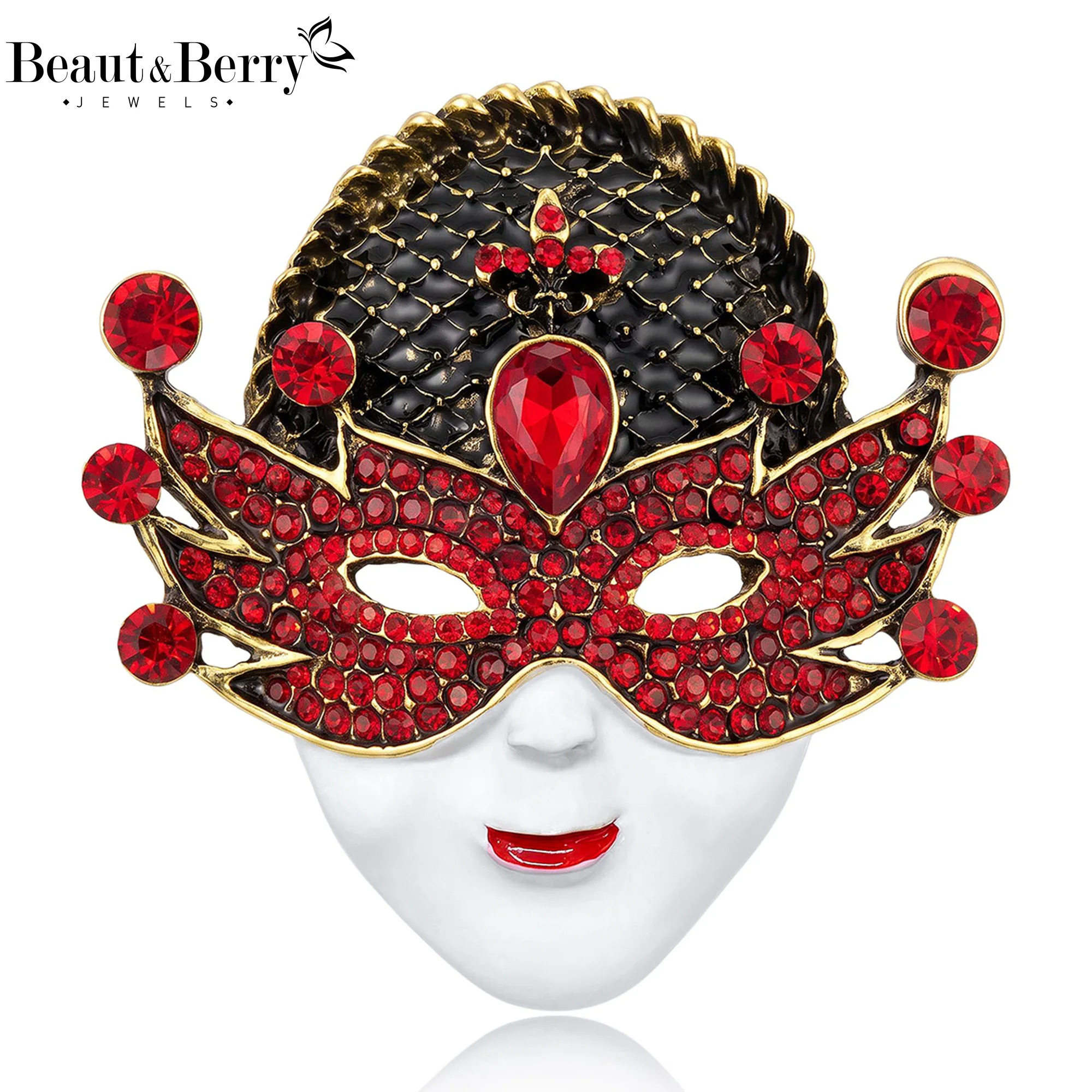 Beaut&Berry Luxury Rhinestone Mask Brooches for Women Unisex Figure Pins Casual Party Jewelry Accessories Gifts Decoration