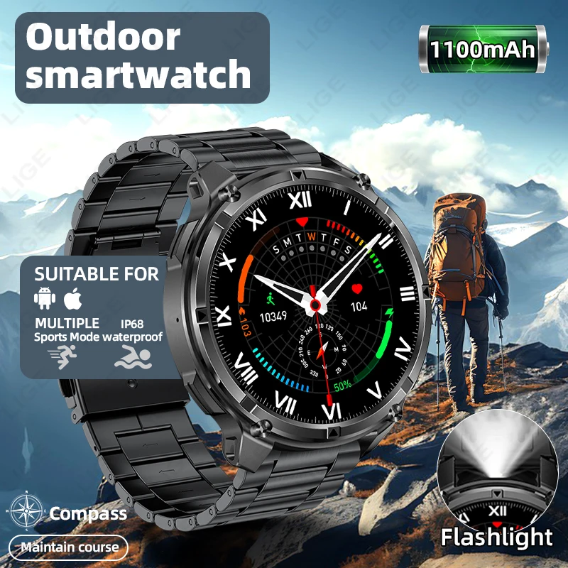 

LIGE Sport tracker Smart Watch GPS 1100mAh Large Battery 2025 New Compass IP68 Waterproof Bluetooth Call Military Smartwatch Men