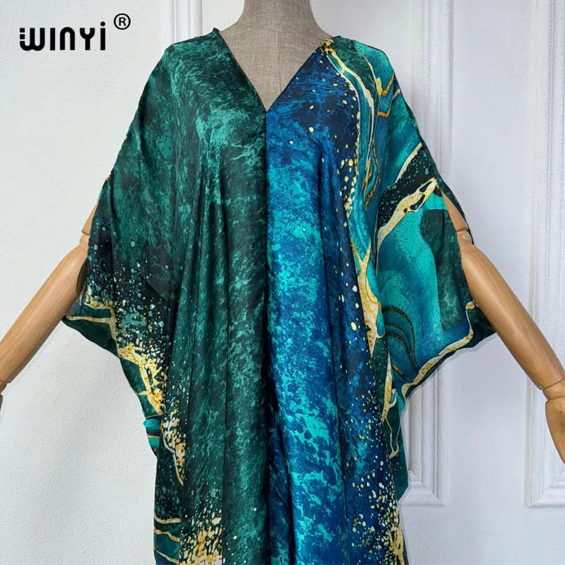 WINYI Summer african V-neck dress Printed beach wear women 2024 Loose Femme Robe Muslim beach cover ups silk feel evening dress