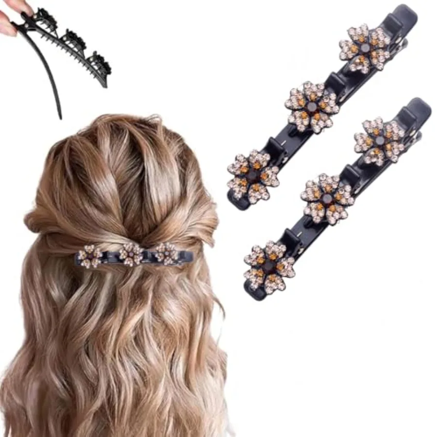 

2 Pcs Sparkling Crystal Stone Braided Hair Clips, 2025 New Satin Fabric Hair Bands Rhinestone Four-Leaf Clover Hair Clip for St