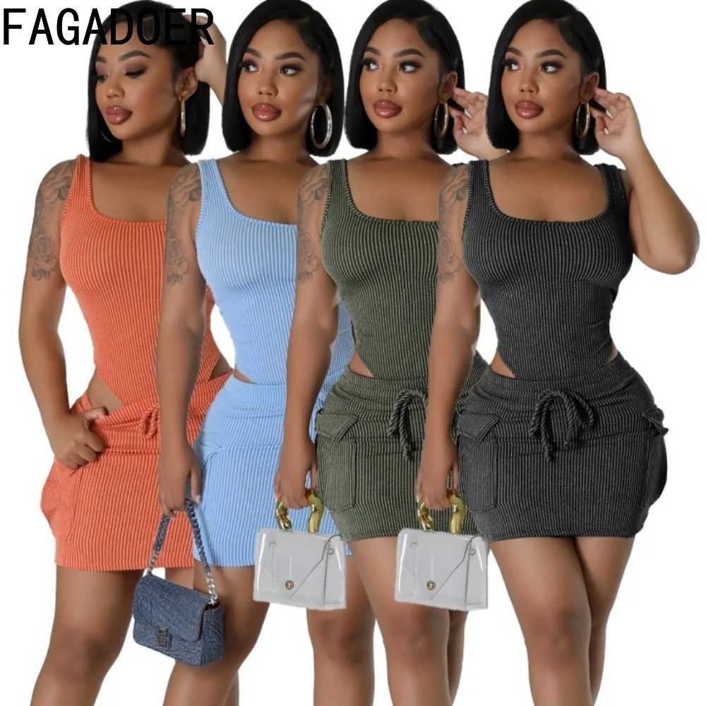 

FAGADOER Summer Solid Color Ribber Bodysuits Two Piece Sets Women Round Neck Sleeveless Slim Top And Mini Pocket Skirts Outfits