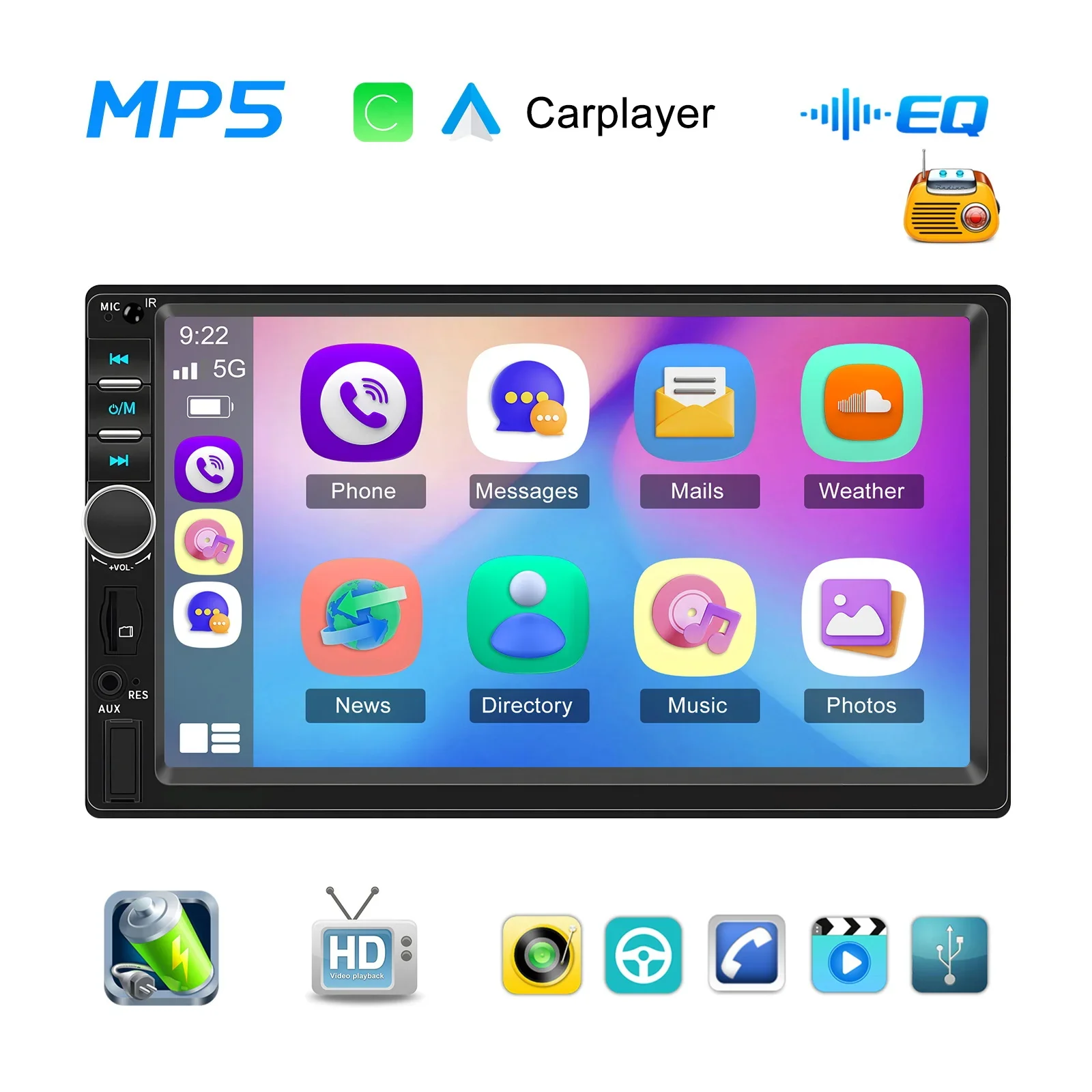 7inch HD Touch Screen Car Stereo, USB, FM Radio, AUX, Wireless, Mirror Link, 7-Color Backlight 2 Din Car Audio System
