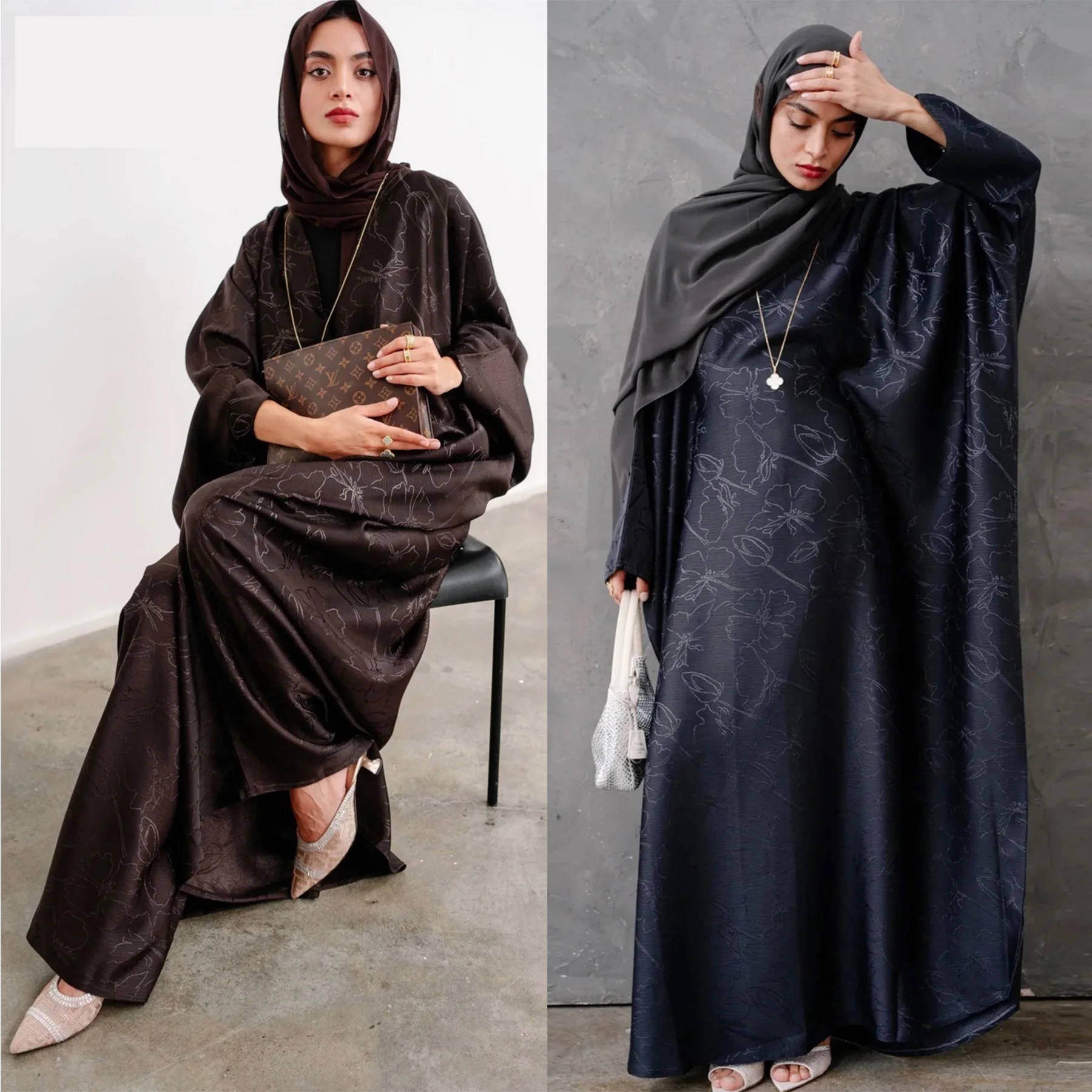 

Dubai Turkish Modest Dress Set 3D Jacquard Gold Brocade Dress with Chiffon Headscarf