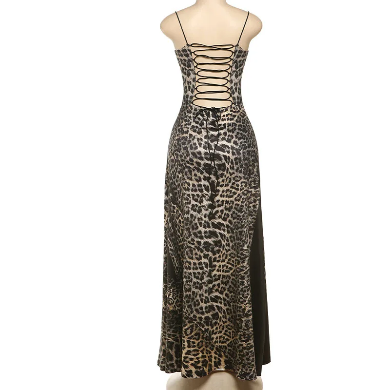 2025 Summer Fashion New Women's Elegant Strap Leopard Pattern Street Style Printed Slimming High Waist Long Dress