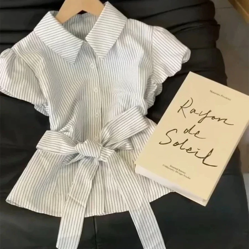 

Women Clothes Polo Neck Striped Button Bandage Vintage Blouse Summer New Short Sleeve All-match Elegant Shirt Tops Fashion Trend