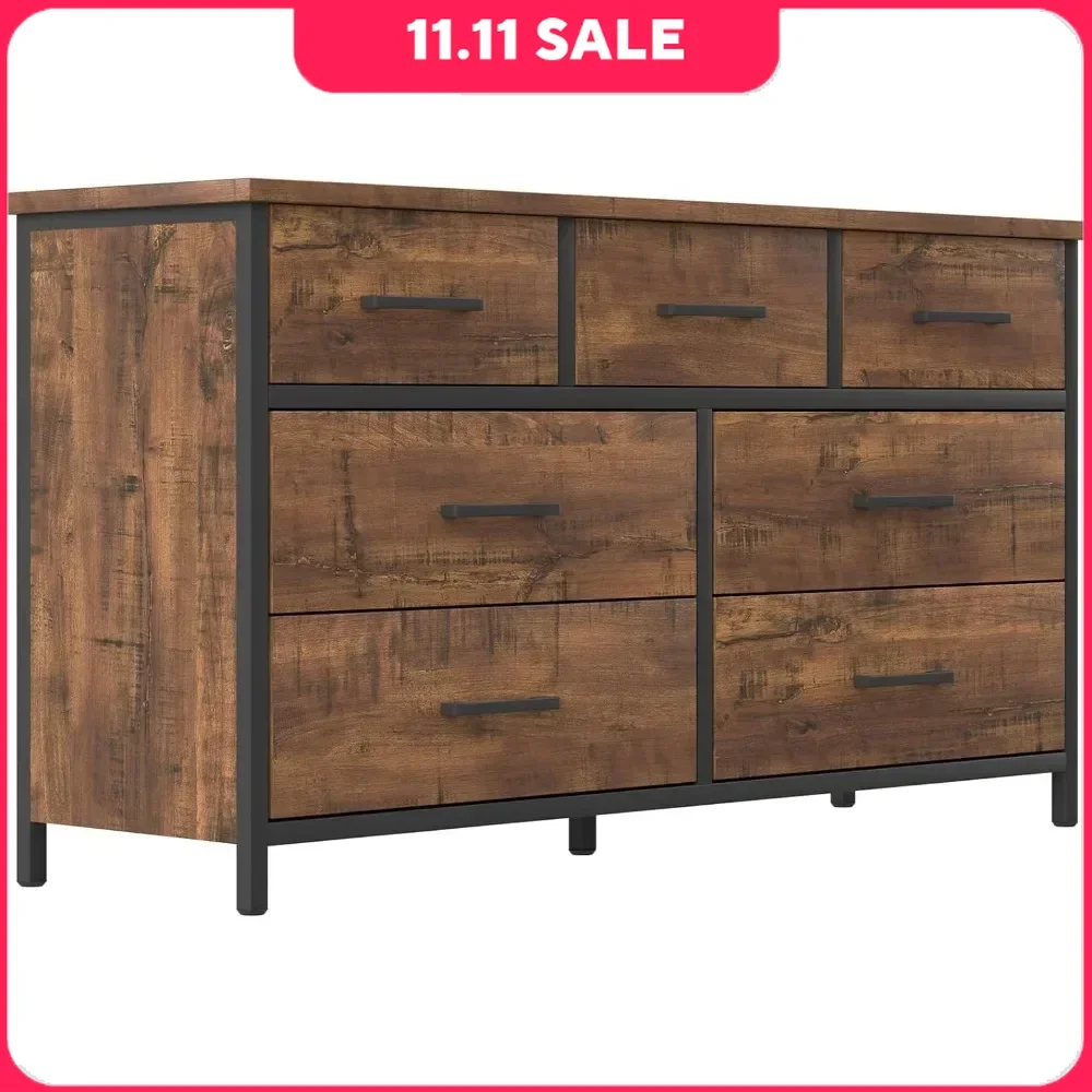 7 Drawer Dresser,for Bedroom, Industrial Wood Storage Dressers & Chests of Drawers with Sturdy Steel Frame,Dressers