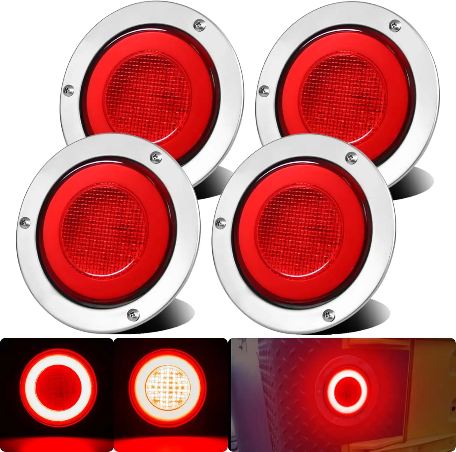 

4pcs 4' Round LED Trailer Lights Red 64LEDs Stainless Bezel IP67 Waterproof DC12V for RV/Van