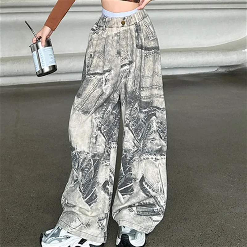 

Свободные широкие джинсовые брюки, детские джинсы y2k, брюки в американском стиле для девочек, прямые джинсы с газетным принтом для детей