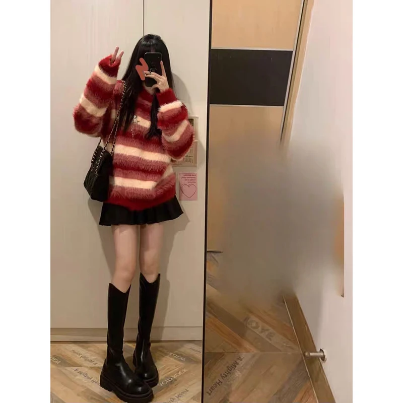 YIBASHU Women's Red Striped Pullover O-Neck Sweater Vintage 2000s Jumper Knit Long Sleeves Cashmere Sweater Autumn Winter 2025