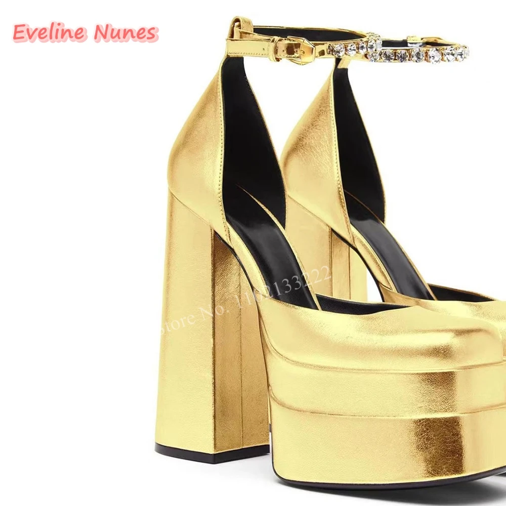 Silver Rhinestone Strap Buckle Pumps 2024 Women\'s Summer Chunky Heel Platform Round Toe Fashion Party European Style Shoes