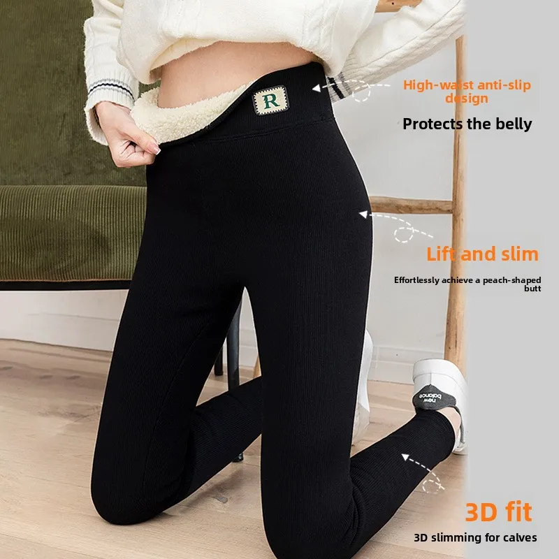 Thickened Fleece Lined High Waist Women's Knitted Tights Warm Breathable Sheepskin Inner Layer Pants Autumn Winter Outerwear