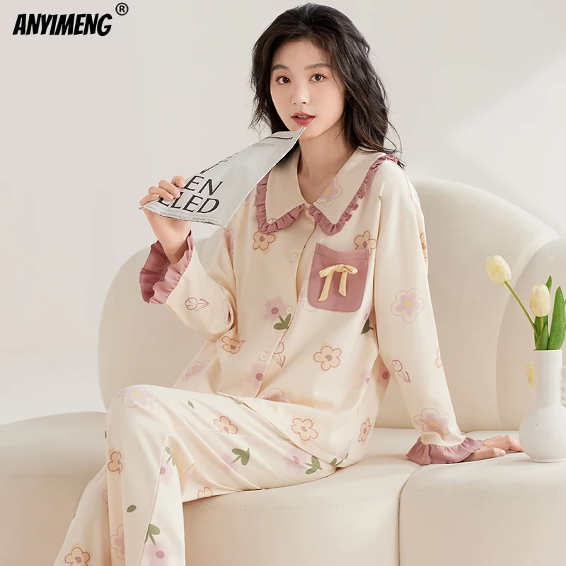 Autumn Winter Women Cotton Pajamas Lapel Cute Girl Sleepwear Princess Style Loungewear Lady Long Sleeve Bear Print Pijamas