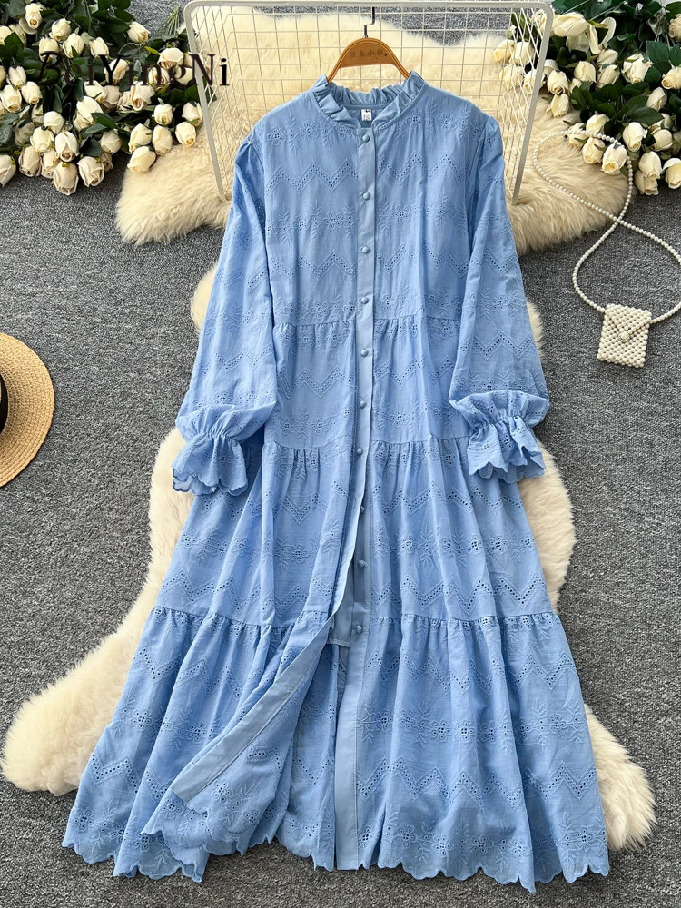 Beiyingni 2026 nouvelle mode dentelle épissé longue robe ample femmes Vintage à la mode décontracté simple boutonnage chemises Robes dames Robes