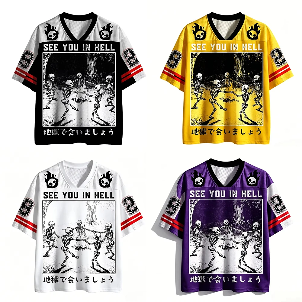 Harajuku Retro Hell Vision Skull Design Printed Sport Quick-dry Breath V-Neck T-shirt Streetwear Parent-child Pullover Clothing