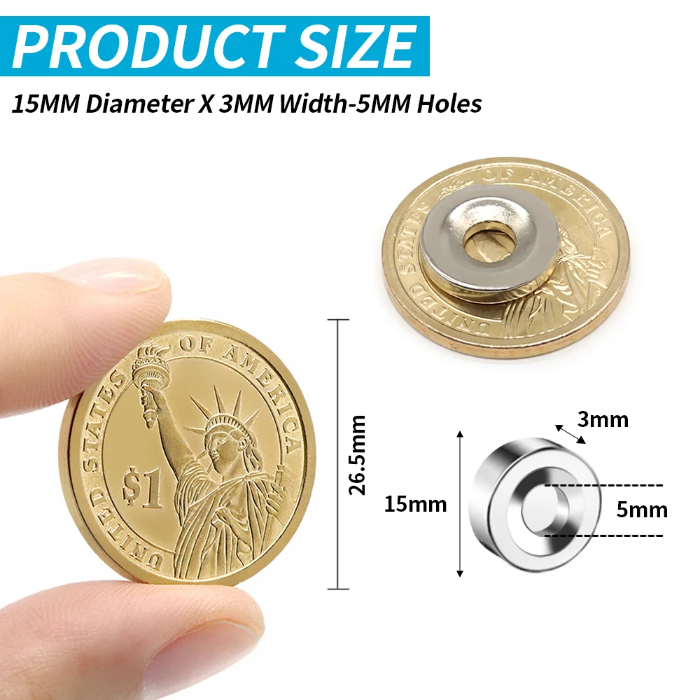 10/20/50/100Pcs N35 Super Strong Magnet 15mm X 3mm Hole 5mm Round Magnetic NdFeB Neodymium magnet Powerful Disc imanes with hole