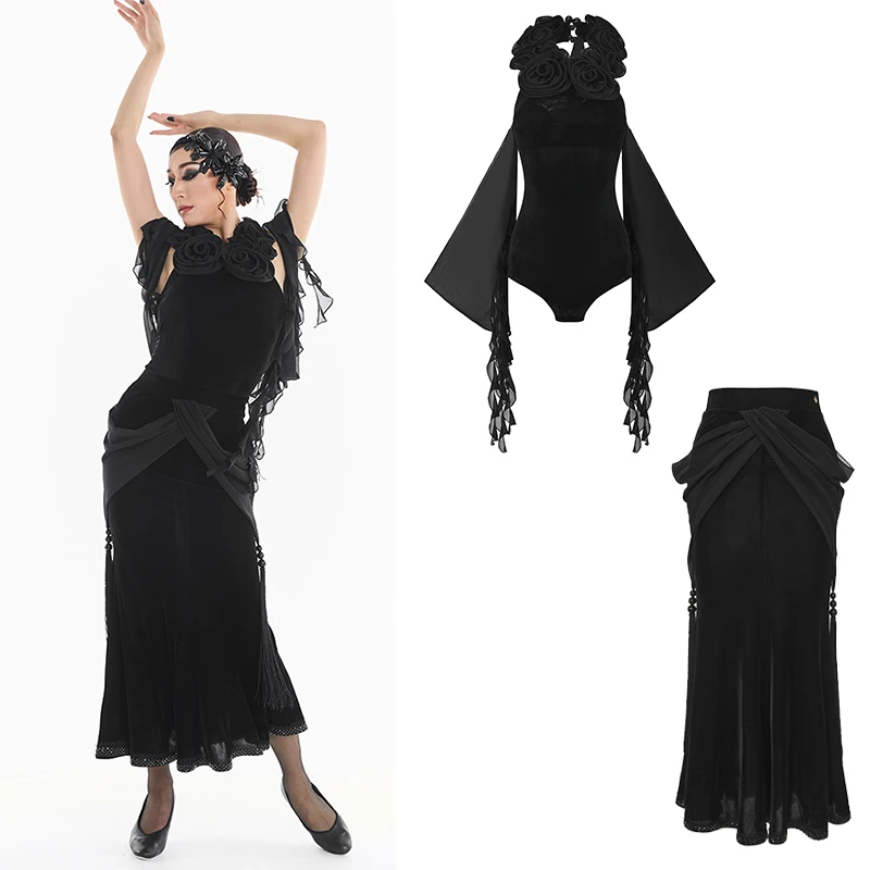 

New DUYQ Ballroom Dance Performance Costumes Women Hanging Neck Mesh Jumpsuit Skirt Modern Dancing Waltz Dress Wearing DN22558