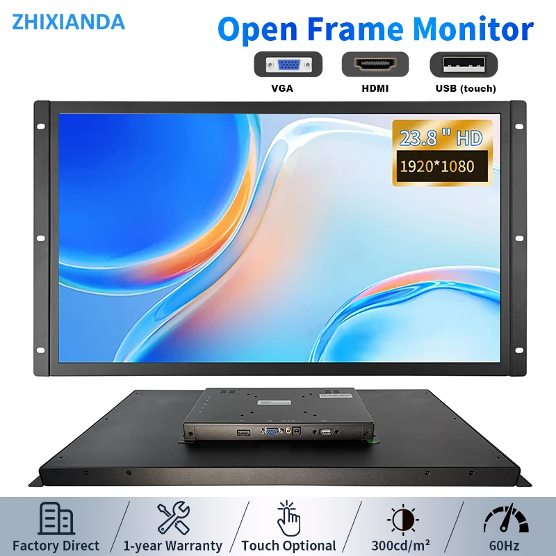 Zhixianda 23.8 Inch Open Frame Monitor 1920*1080 HD Capacitive Resistive Touch Screen HDMI VGA Display Industrial LCD Display