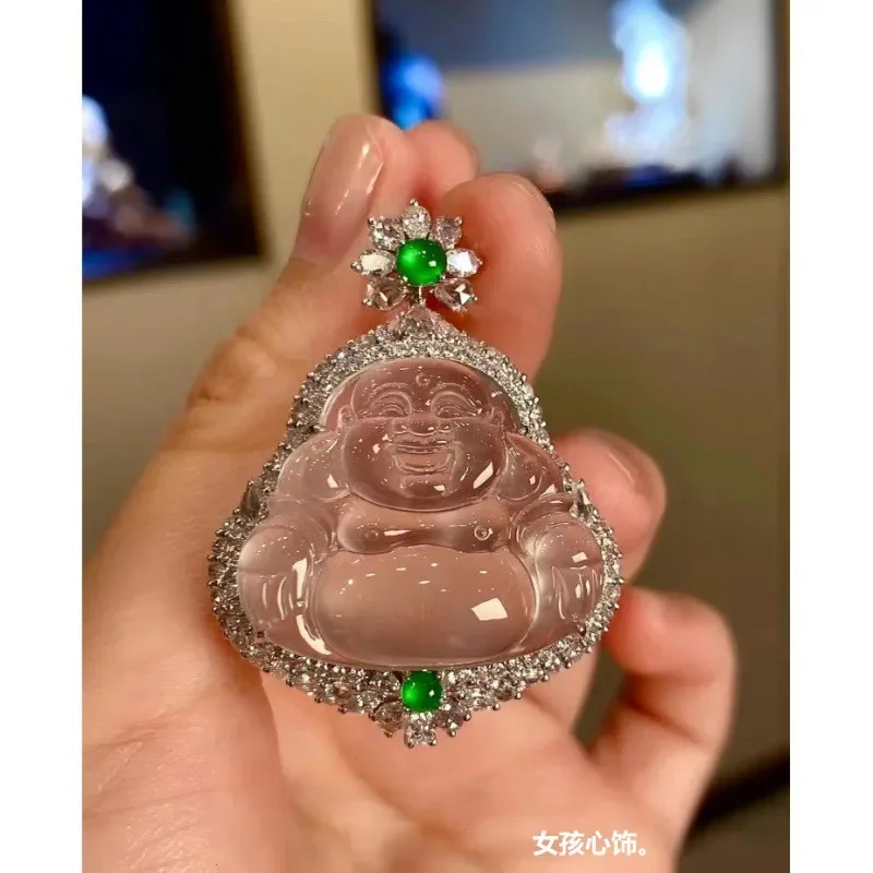 Natural Myanmar Ice-like Jadeite Jade Statue Pendant Men's and Women's Smiling Buddha Maitreya White I