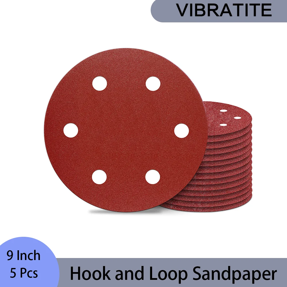 9 Inch 6 Hole Hook & Loop Sanding Discs Assorted 24-240 Grit 5 Pcs Grinding Abrasive Sandpaper for Polishing Drywall Sander Wood