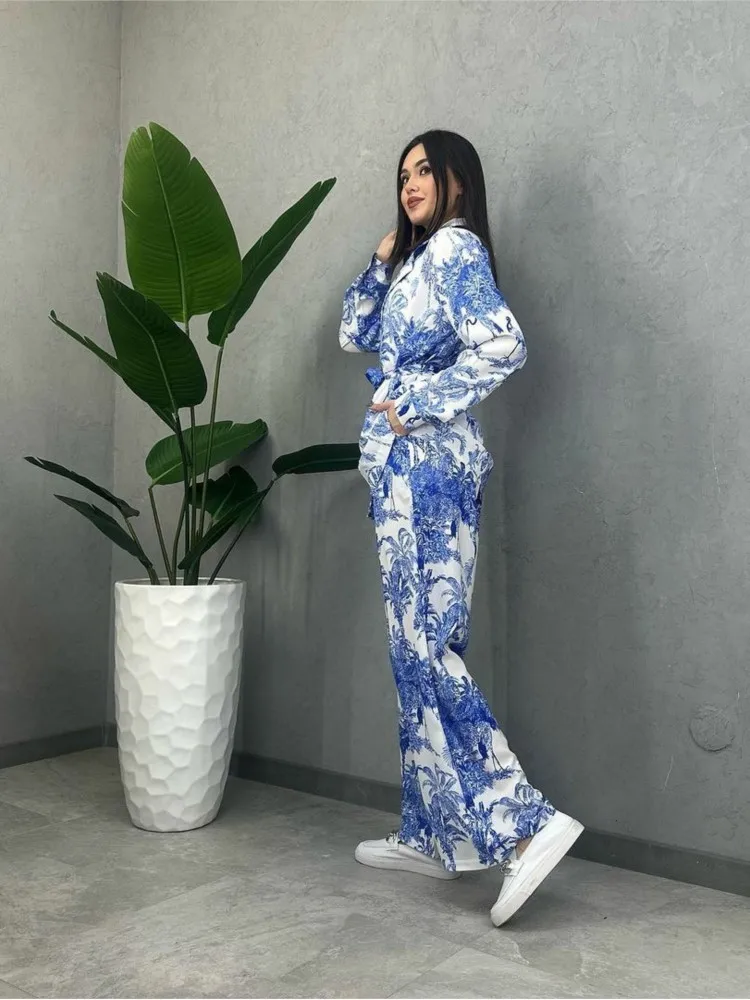 Office Lady Elegant Print Two Piece Pant Sets 2024 Spring Autumn Fashion Lapel Long Sleeve Shirts + Lace Up Wide Leg Pants Set