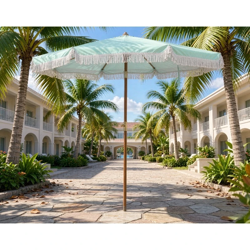 2m Jade Green Beach Umbrella with Fringe Tassels UV Sun Shade Outdoor Patio Garden Parasol Sand Anchor Pole
