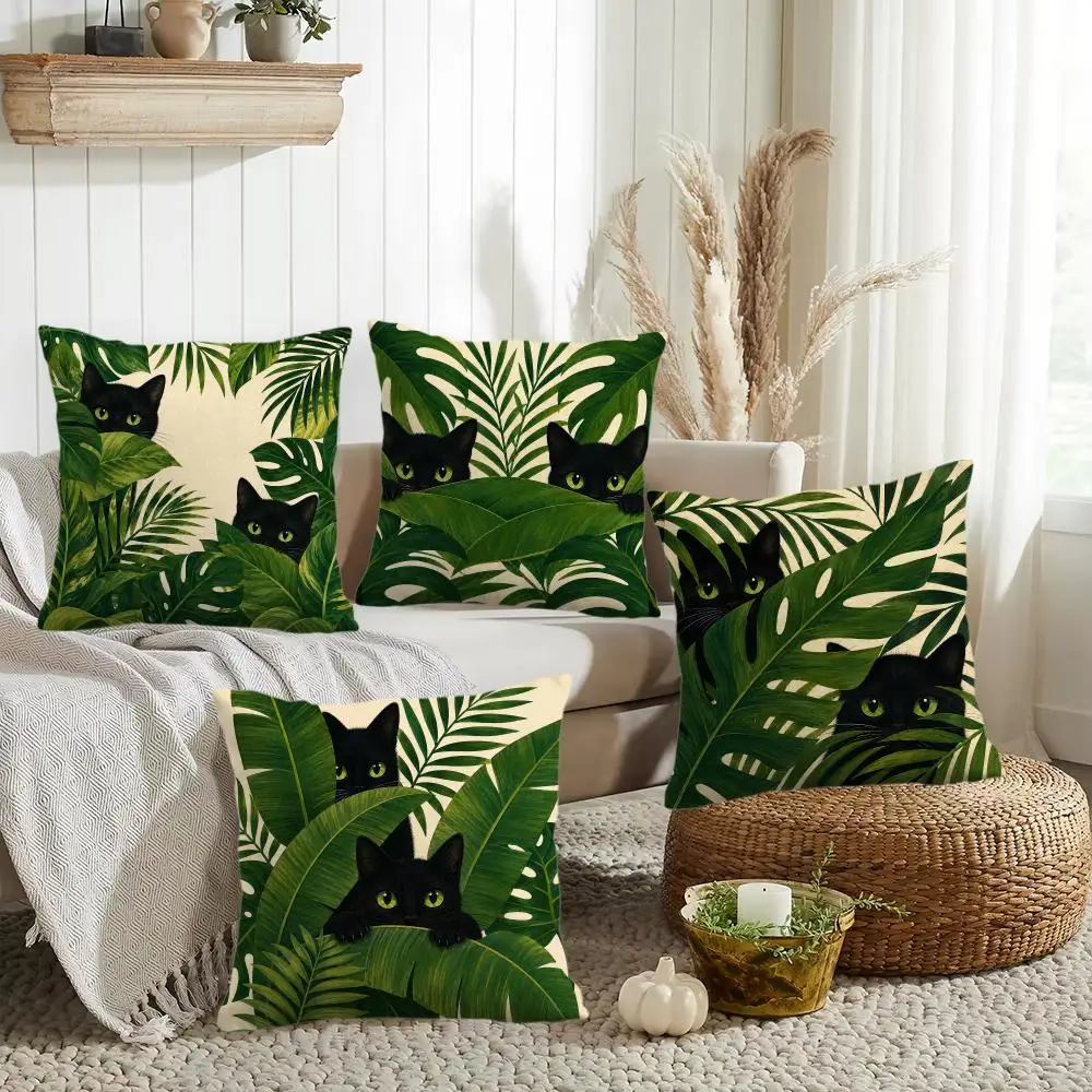 Black Cat Tropical Botanical Cushion Cover Silky Short Plush Invisible Zipper Dustproof Sofa Pillow Case for Home Decor