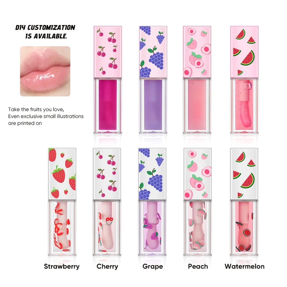 9-color Private Label Lip Gloss Custom Logo 5ml Square Tube Fruit Pattern Lipgloss Dewy Plump Moisturizing Long-lasting Makeup