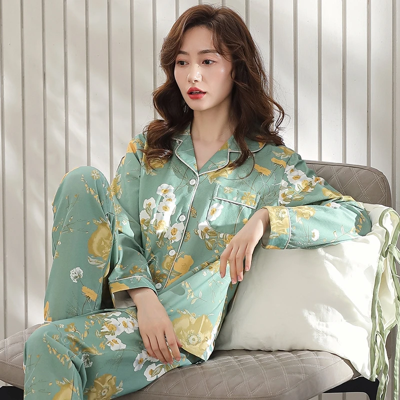 Women 100% Cotton Pajamas PJ Winter Autumn Long Sleeves Button-Down Print Pijamas Pure Cotton Sleepwear Set 2PCS Pyjama Femme