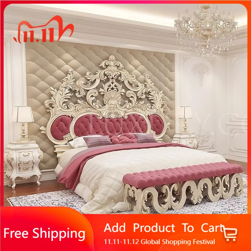 

French Luxury Bed Wedding Romantic Bedroom Solid Wood Double Bed High Quality Comfortable Aesthetics Beliche Hotel Furniture