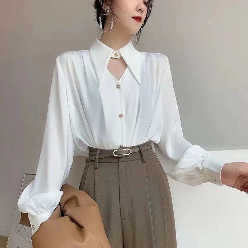 Satin Elegant Chic Sexy Hollow Pointed Collar Office Lady Button Up Shirt New Fashion V-neck Temperament Blouse Top Women Blusas