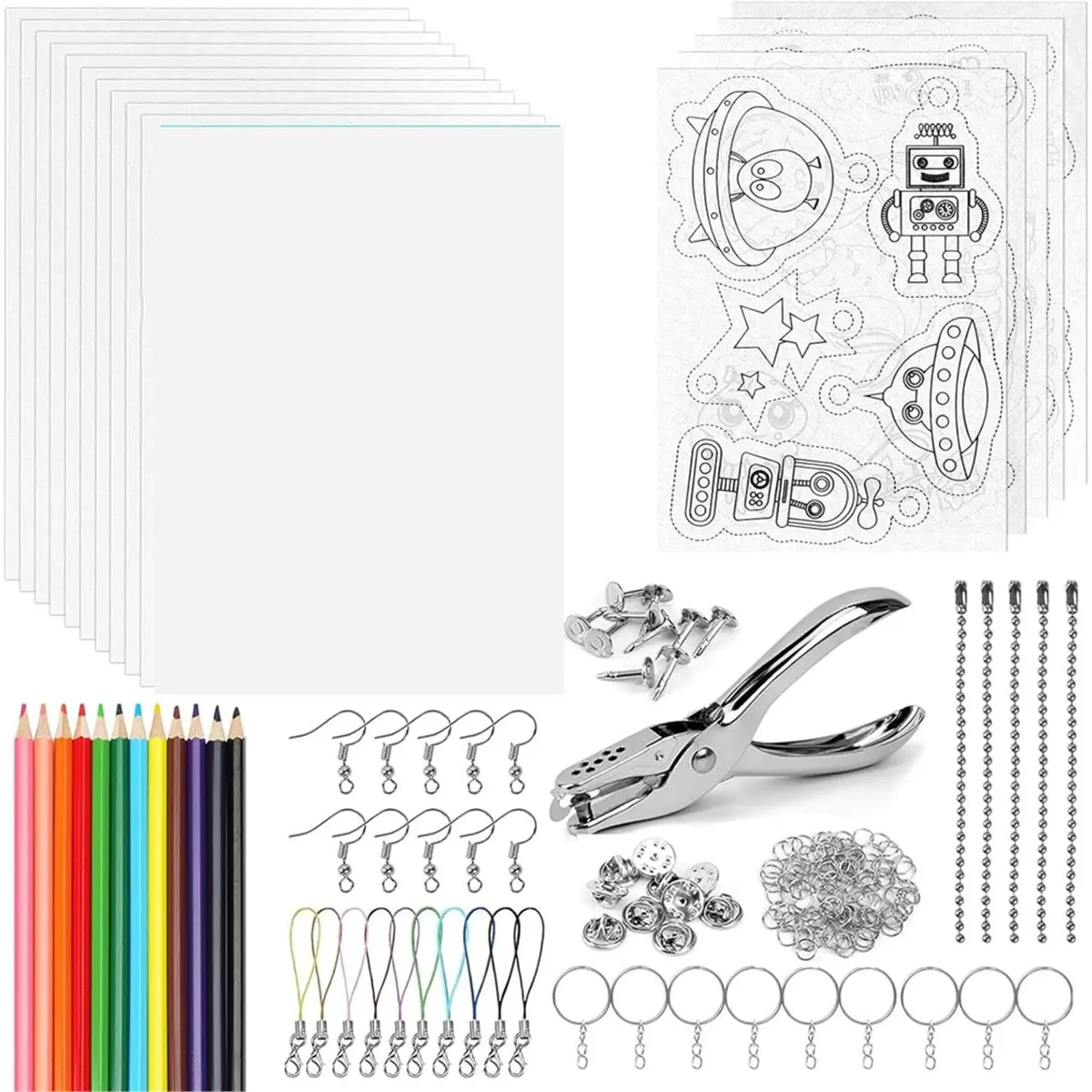 Budget-Friendly-1set ShrinkyDink Keychain Kit, ShrinkPlastic Sheets with Colored Pencils, for Kids Crafts Jewelry Making DIY A