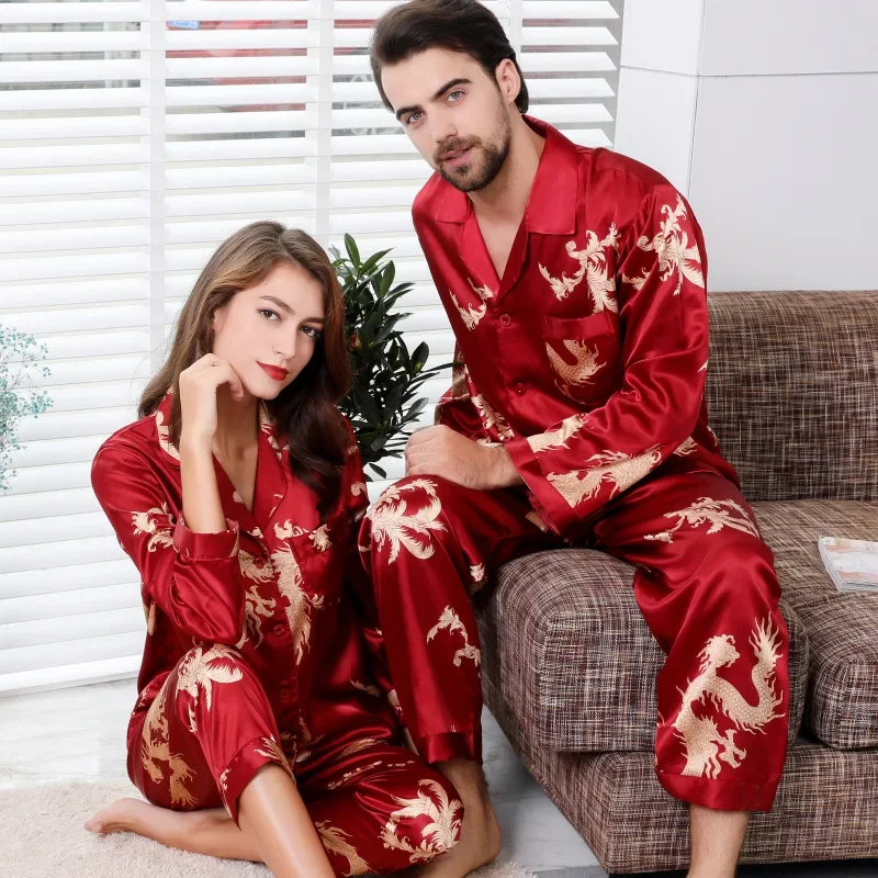 Men's Simulation Silk Couple Pajamas Long-sleeved Long Pants Suit Men Women V-neck Silk Printing Dragon and Phoenix Home Wear