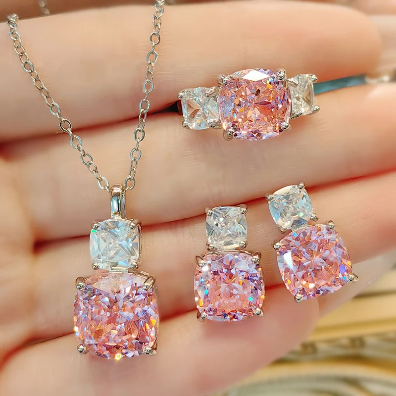 Fashion Versatile Pink Zircon Necklace Purple Pendant Earrings Ice Flower Cut CZ Ring 925 Silver Jewelry Set for Women KOFSAC