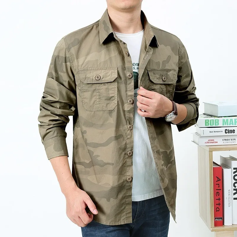 2025 Men\'s Autumn Cotton Shirt Long Sleeve Tooling Loose Outdoor Casual Camouflage Shirt