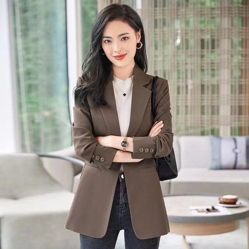 Women Fashion Blazer Autumn Winter Long Sleeve Coat Single Button Solid Office Lady Suit Casual Elegant Temperament Outerwear