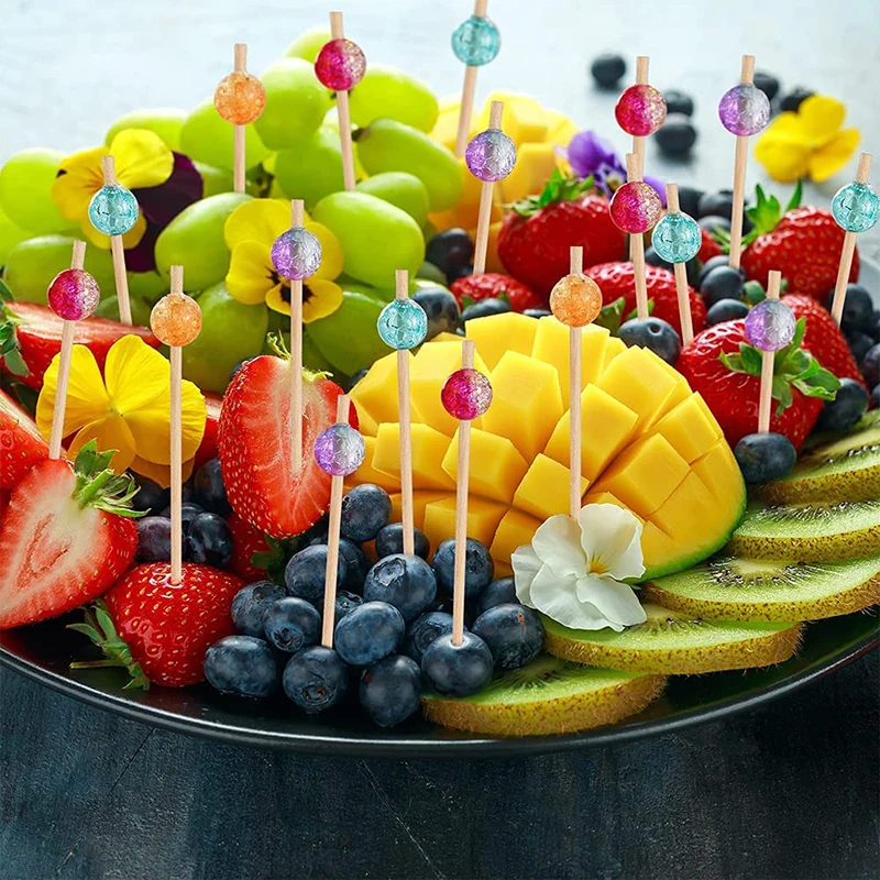 100pcs colorful beads bamboo fruit sticks for decoration cocktail salad snack sandwich buffet toothpicks fountain wedding party