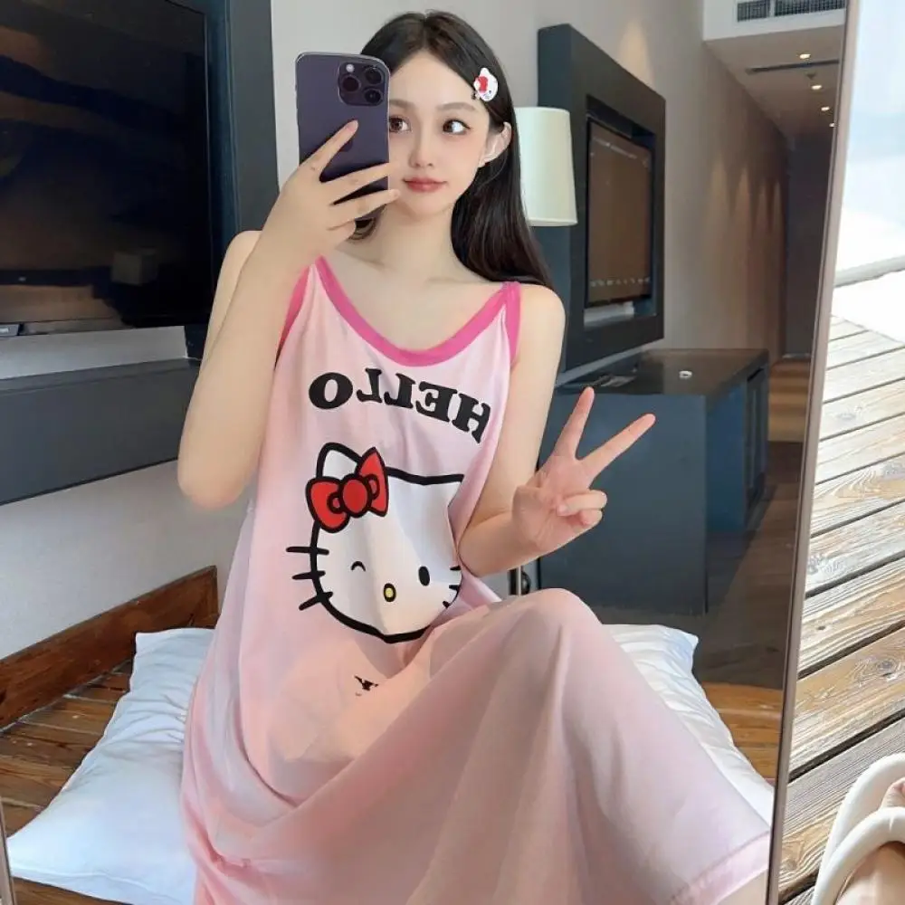Nieuwe Nachtrok Cartoon Hello Kitty Gedrukt Jarretel Nachtjapon Sanrio Anime Lange Dames Zomer Losse Casual Dunne Huiskleding