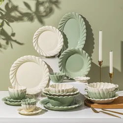 New Arrival Nordic Bone China Green Plates Set Dinnerware Serving Kitchen Dessert Plate Dish Tableware Off White Porcelain Plate