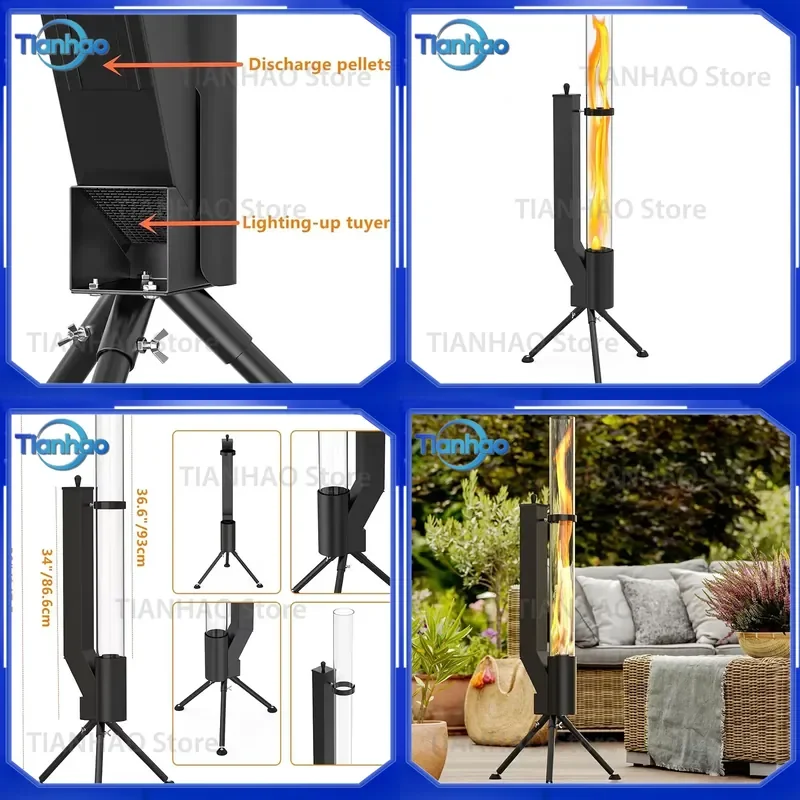 Vertical Wood-Burning Rocket Fireplace for Modern Design Steel Patio Pellet Heater Fire-Tube Column Heater Outdoor Heating