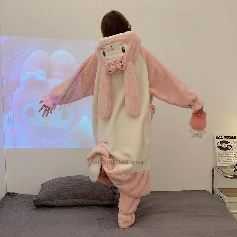 Sanrio My Melody Winter New Fashion Pajamas Y2k Clothes Thicked Hooded Warm Cute Home Pajama Sets Women Cartoon Plush Sleepwear