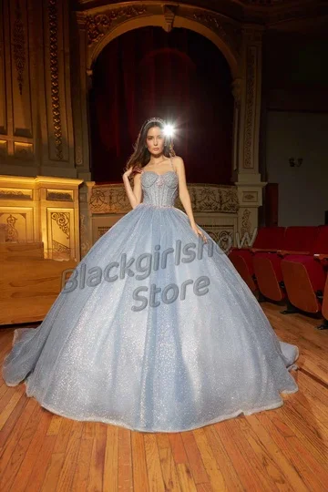 Vestidos de Quinceañera de tren de la capilla azul, apliques de cristal de fantasía brillante, vestidos de fiesta de cumpleaños de boda elegantes de lujo