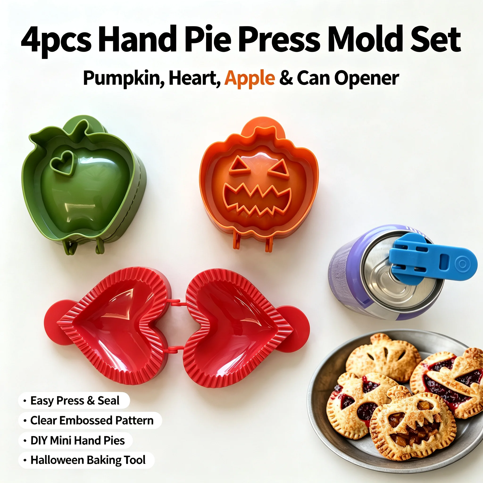 4Pcs Pocket Hand Pie Press Mold Set, Pumpkin Heart Apple Dough Cutter with Can Opener, Halloween Baking Tool