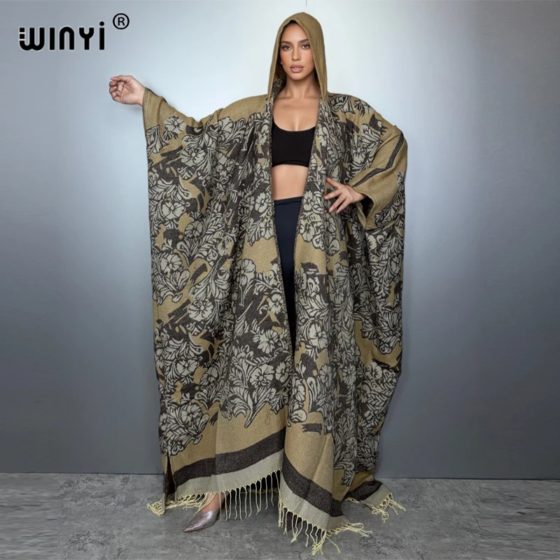 

WINYI африканский зимний кардиган с капюшоном, платье Абая, модный кафтан, наряды для женщин, пальто, кимоно, длинное пуховое пончо, осенний плащ