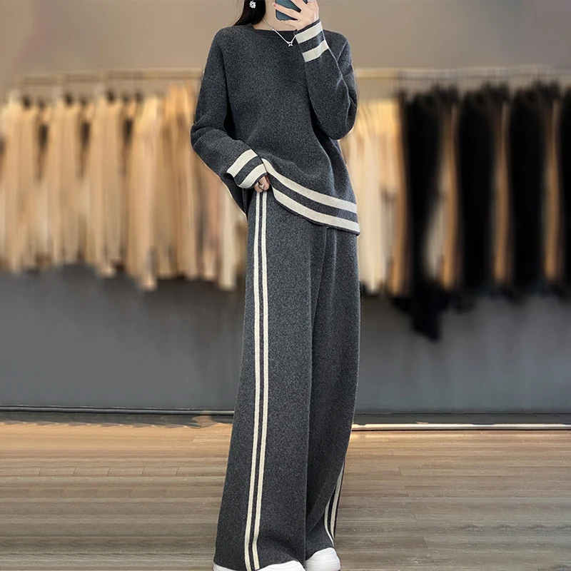 New autumn and winter 100% pure wool knitting suit female O-neck pullover loose casual sweater wide-leg pants two-piece suit