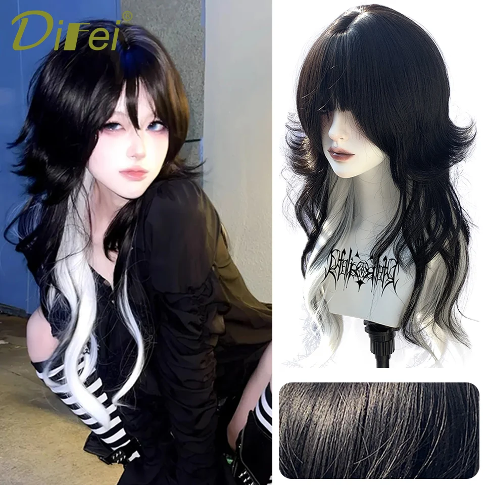 Color Matching Long Curly Hair Synthetic Wig Female Gothic Style Lolita Black And White Long Curly Hair Christmas Party Wig