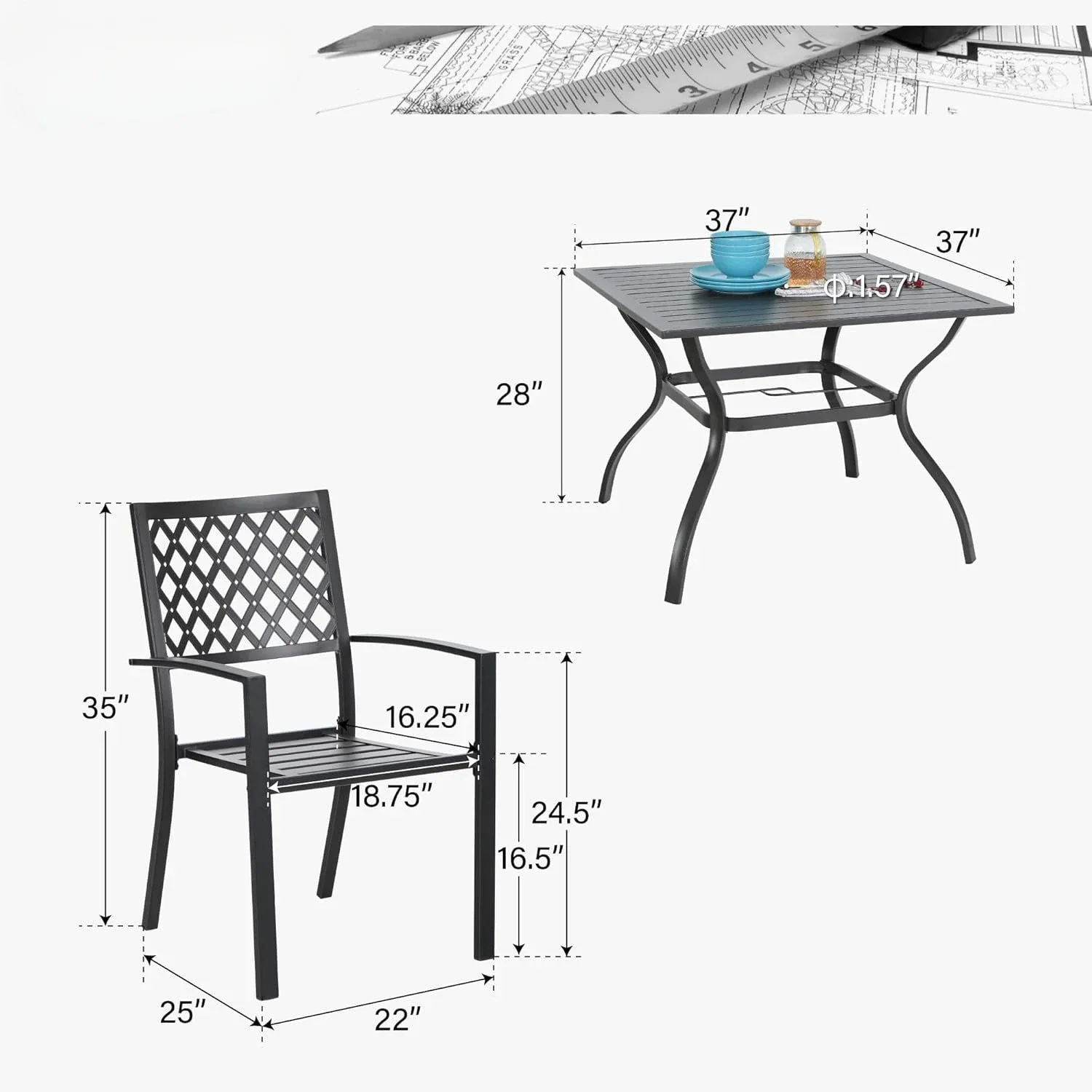 

Table and Chairs Outdoor Dining Set - 37" Square Patio Table w/1.57" Umbrella Hole and 4 Backyard Garden Chairs