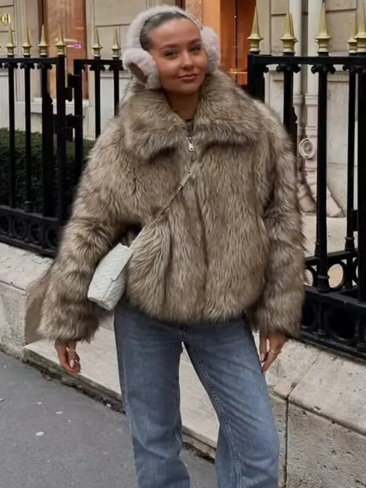 Trendix المرأة الشتاء فو الفراء معطف موضة التلبيب المرقعة سحاب أكمام طويلة سترة معاطف الشارع ملابس خارجية فضفاضة دافئة غير رسمية