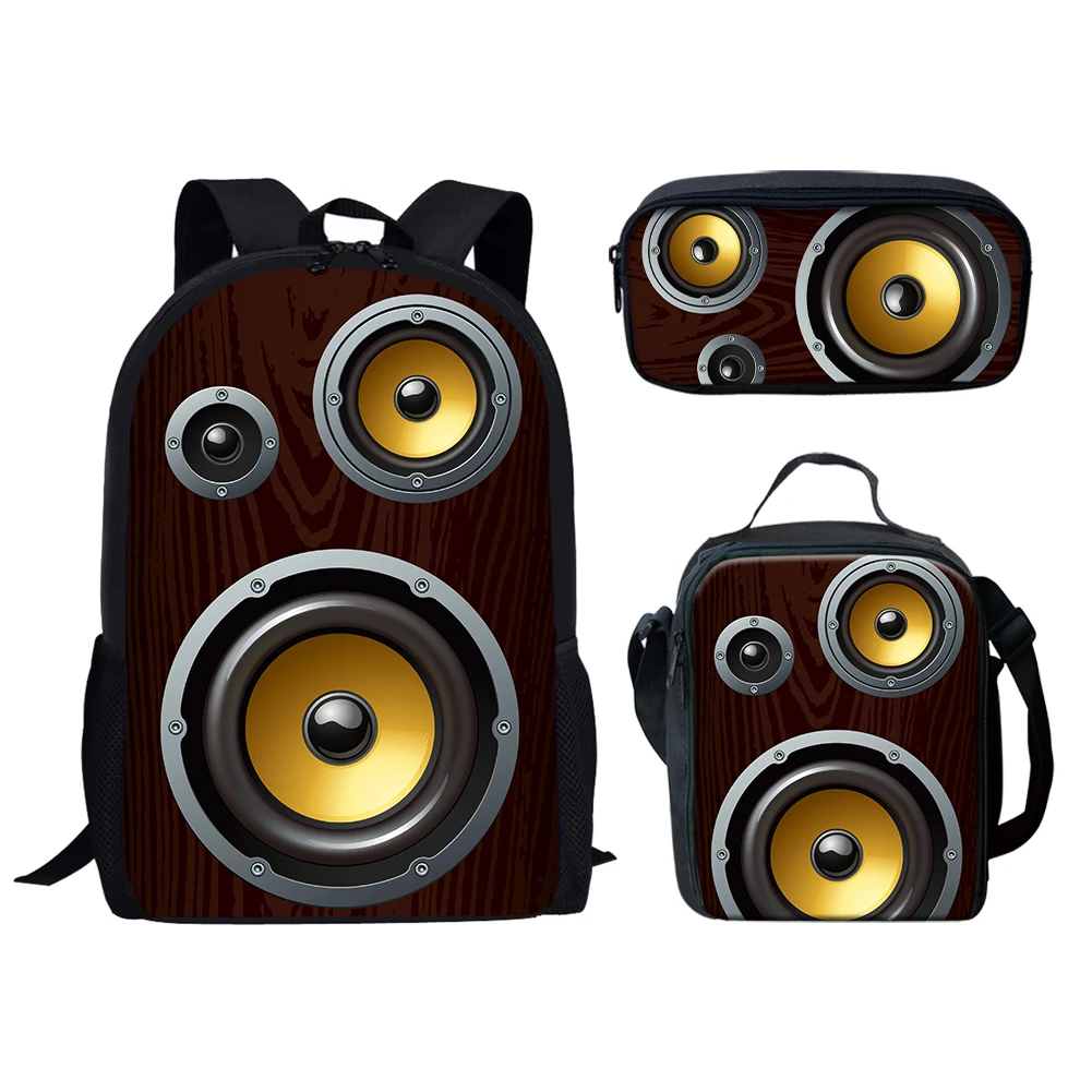 Trendy Youthful Audio Speaker Pattern 3D Print 3pcs/Set Student Travel bags Laptop Daypack Backpack Lunch Bag Pencil Case